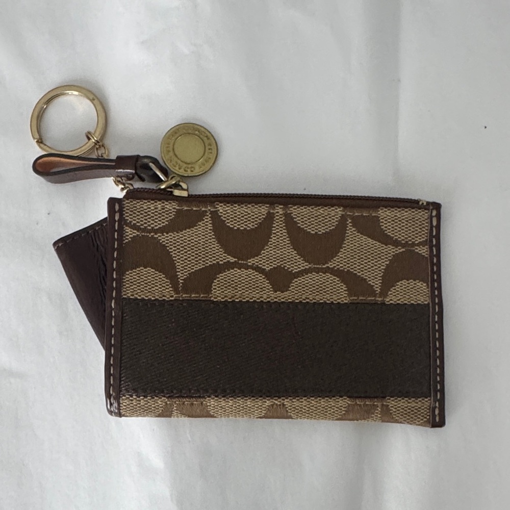 COACH Signature Brown and Tan Card Holder with Key Ring